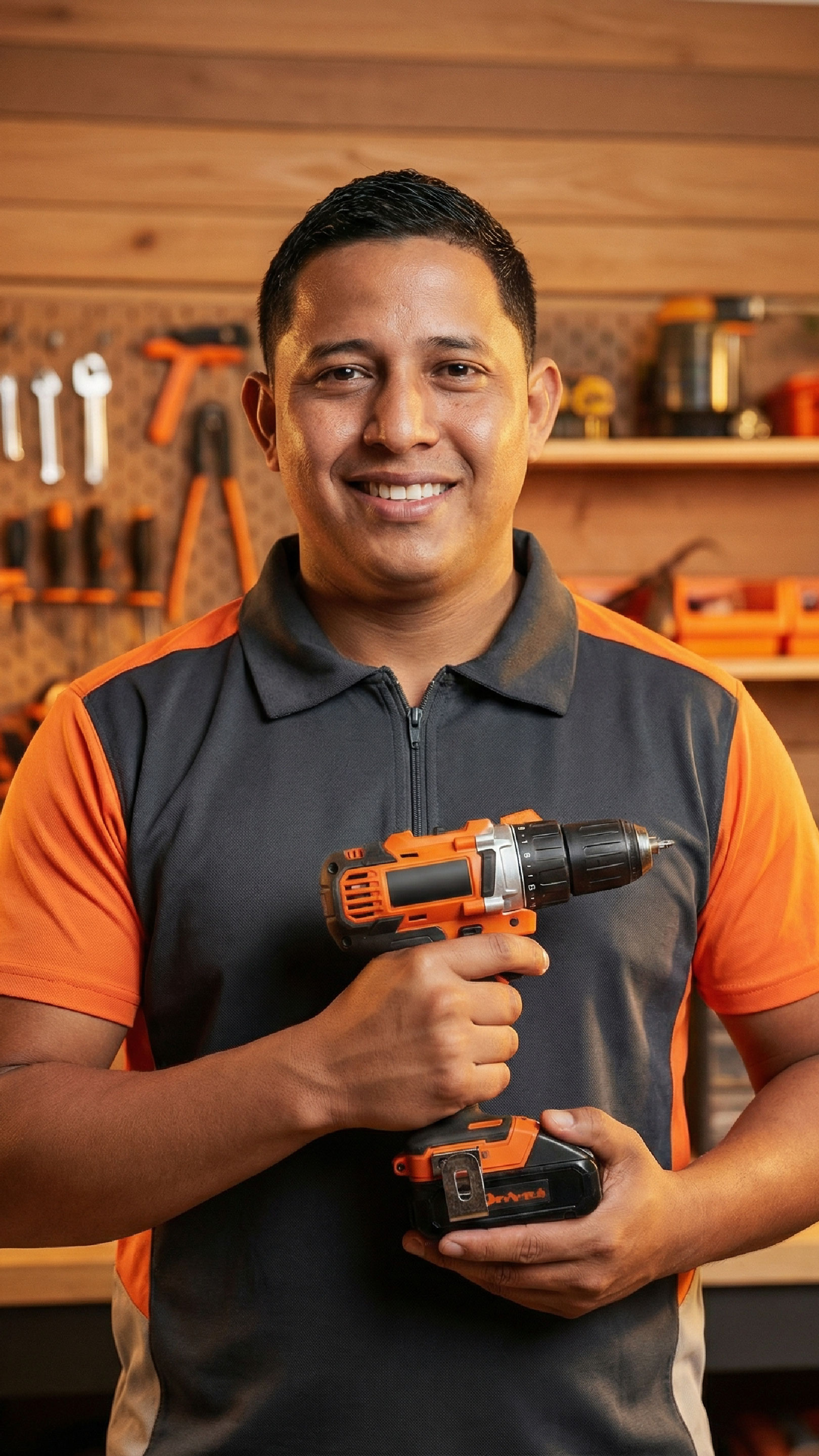Hombre con taladro atornillador Coraza, taller de herramientas