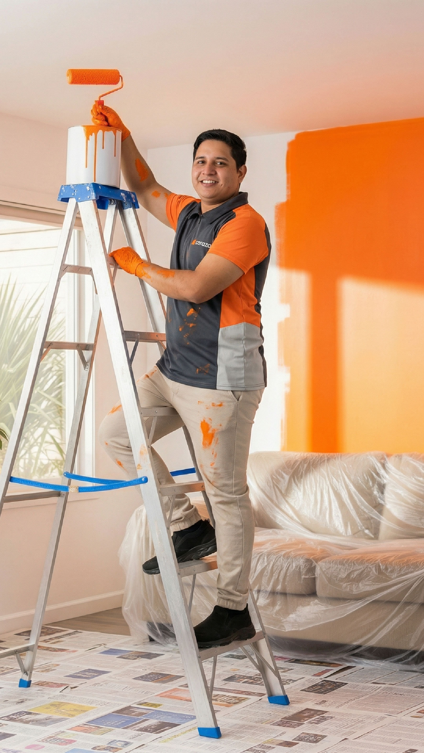 Hombre pintando pared con rodillo en escalera
